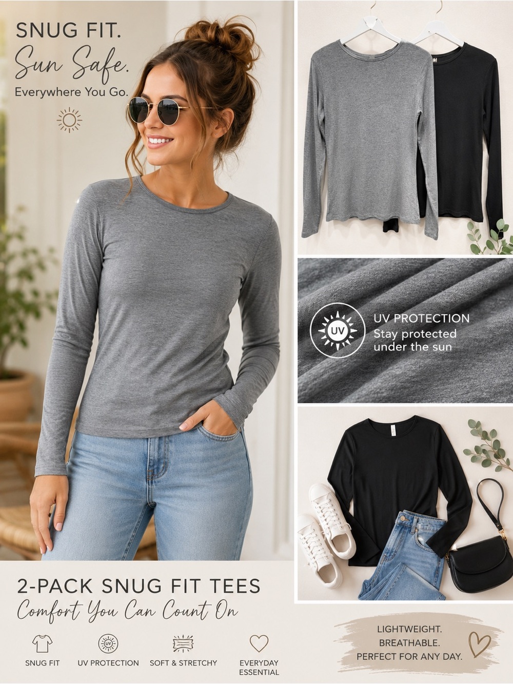 Women's 2-Pack Long Sleeve Snug Fit Tees - Gray & Black